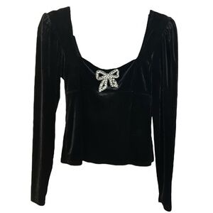 NWT Rachel Zoe Black Velvet with Rhinestone Bow Blouse Size XS